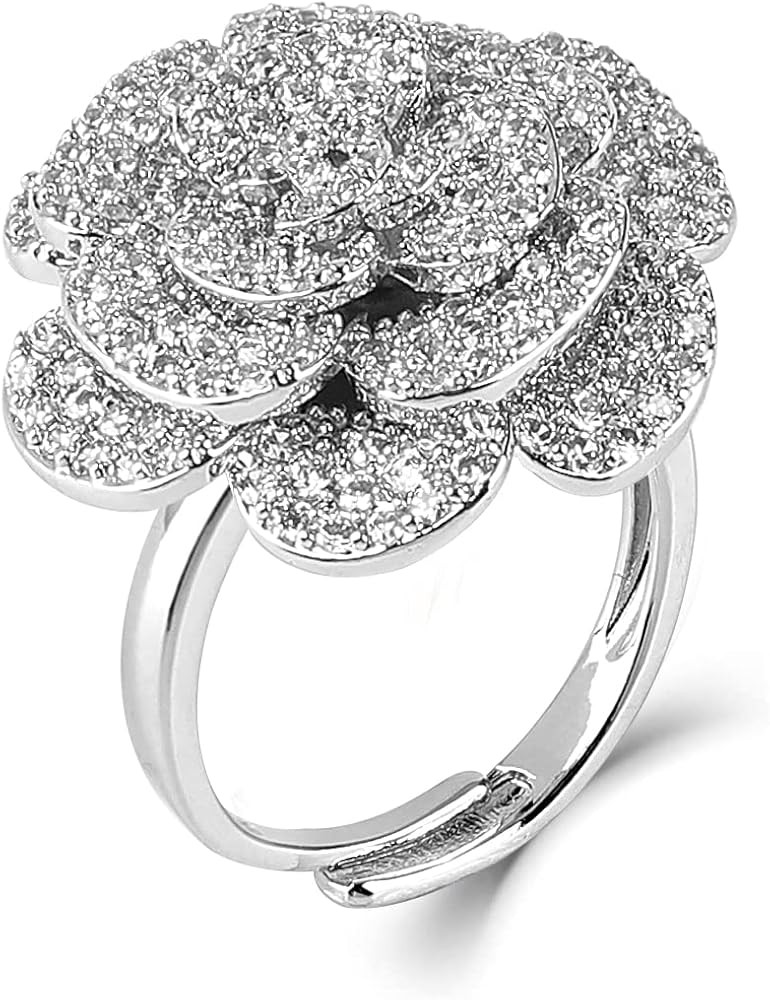 Cocktail Rings Silver Rose Flower Ring for Women Adjustable Rhinestone Cubic Zirconia White Gold ... | Amazon (US)