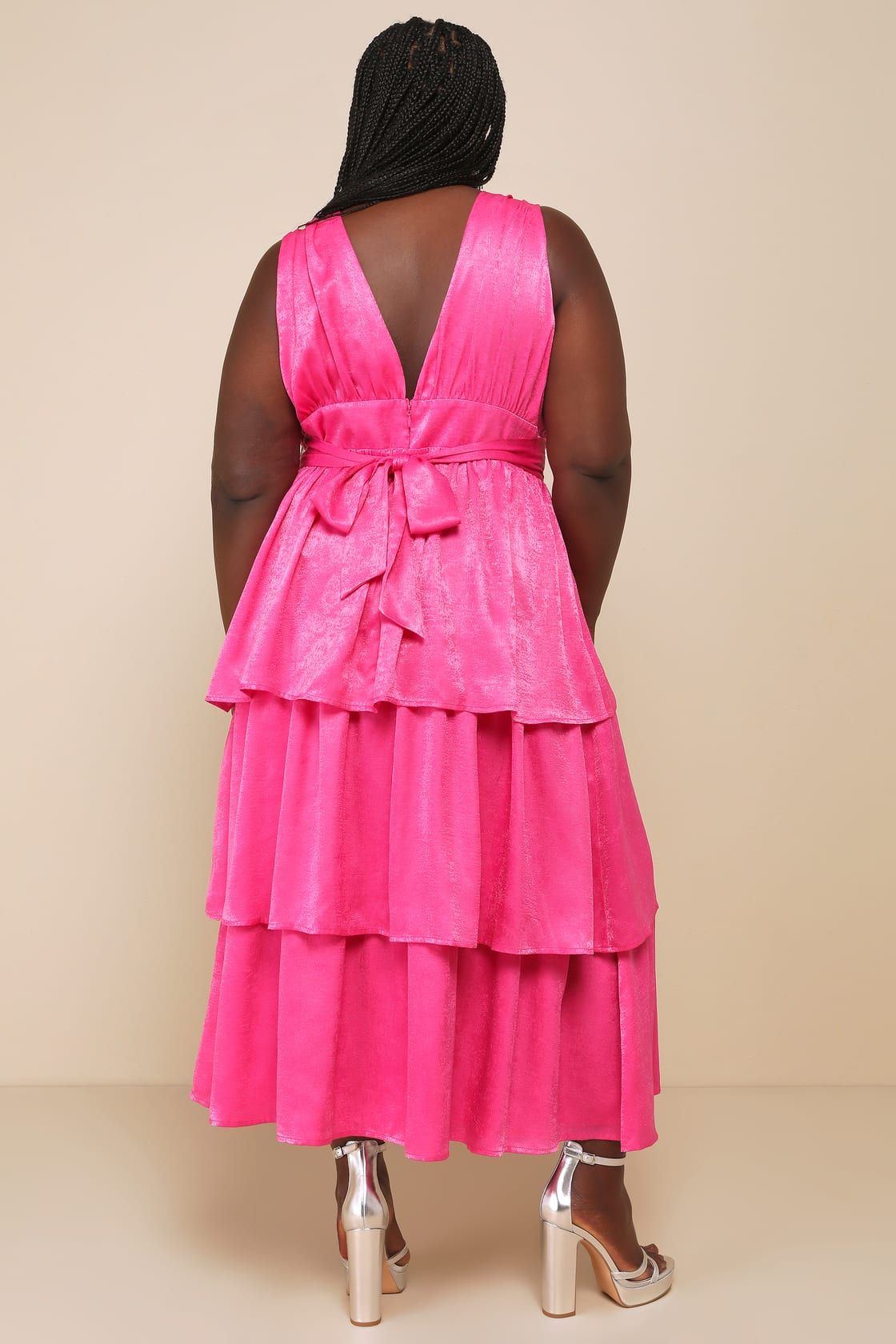 Peak Party Vibe Hot Pink Satin Tiered Tie-Back Midi Dress | Lulus