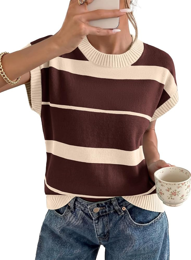 EVALESS Women's Striped Short Sleeve Knit Sweater Top | Amazon (US)