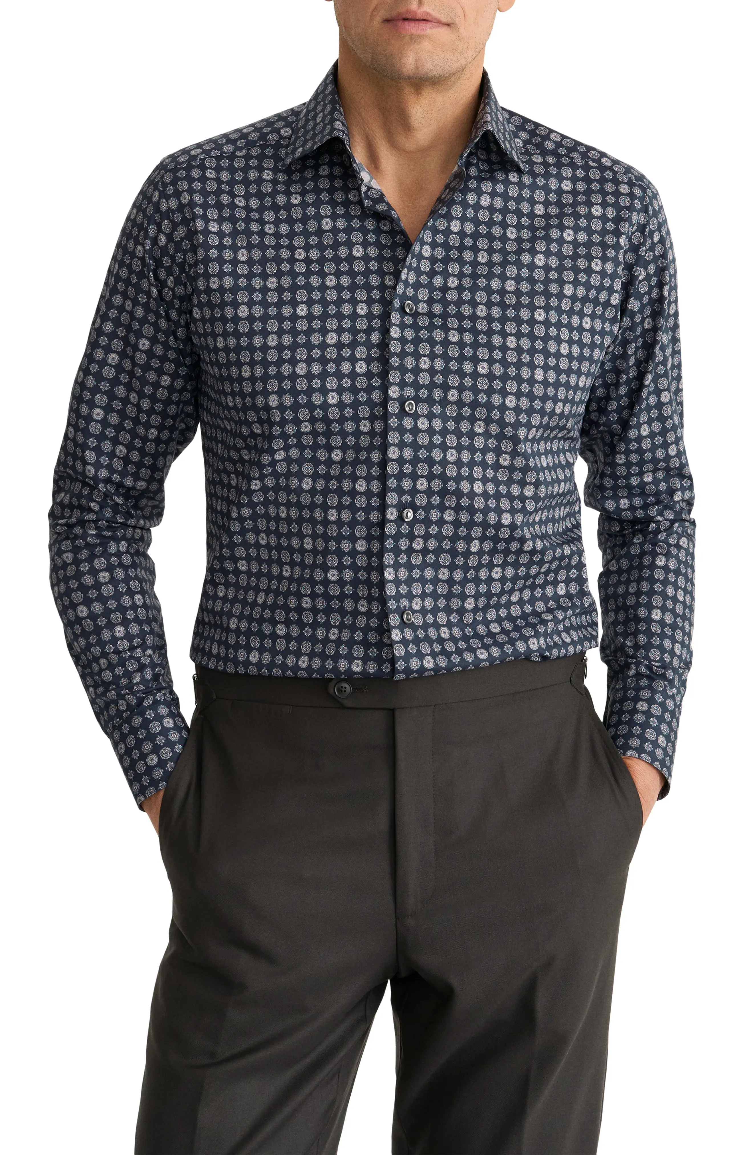 Eton Contemporary Fit Geometric Dress Shirt in Navy at Nordstrom, Size 18 | Nordstrom