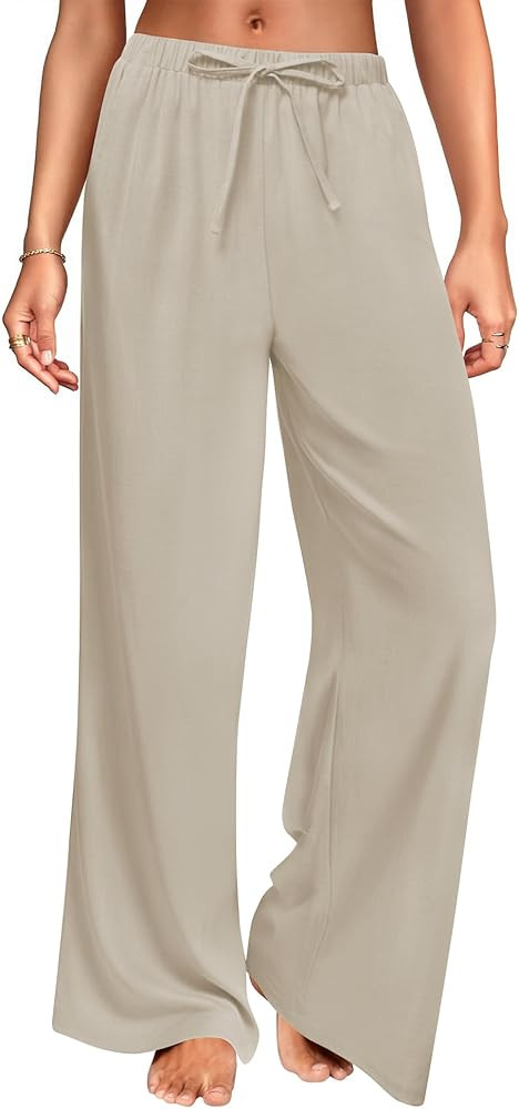 DLOODA Wide Leg Linen Pants for Women, Loose Flowy Palazzo Pants with Pockets Drawstring Trousers... | Amazon (US)