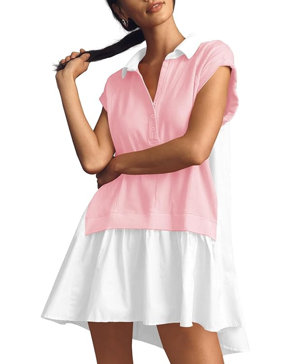 Fisoew Womens Summer Sweatshirt Dresses Short Sleeve V Neck Casual Oversized Patchwork Mini Dress | Amazon (US)