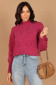 Raquel Mock Neck Flower Detail Knit Sweater - Berry | Petal & Pup (US)