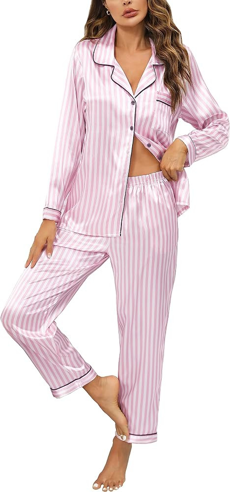 Anjue Silk Satin Pajamas Set Women's Long Sleeve Sleepwear Soft Pjs Set Two Piece Button Down Pj ... | Amazon (US)