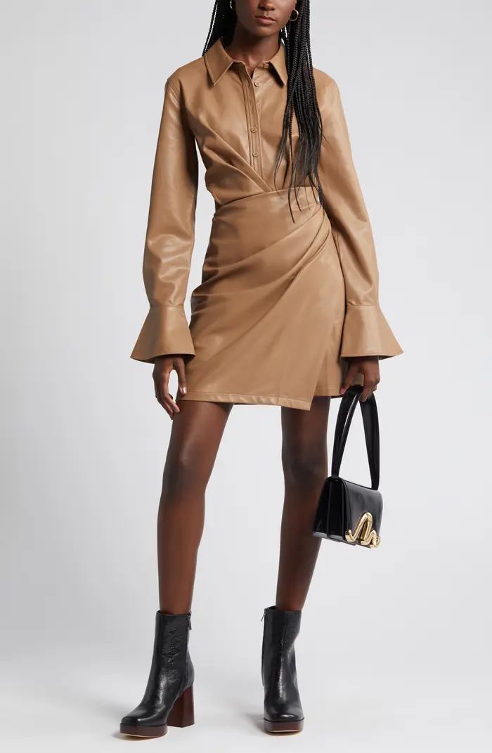 Draped Long Sleeve Cutout Faux Leather Shirtdress | Nordstrom