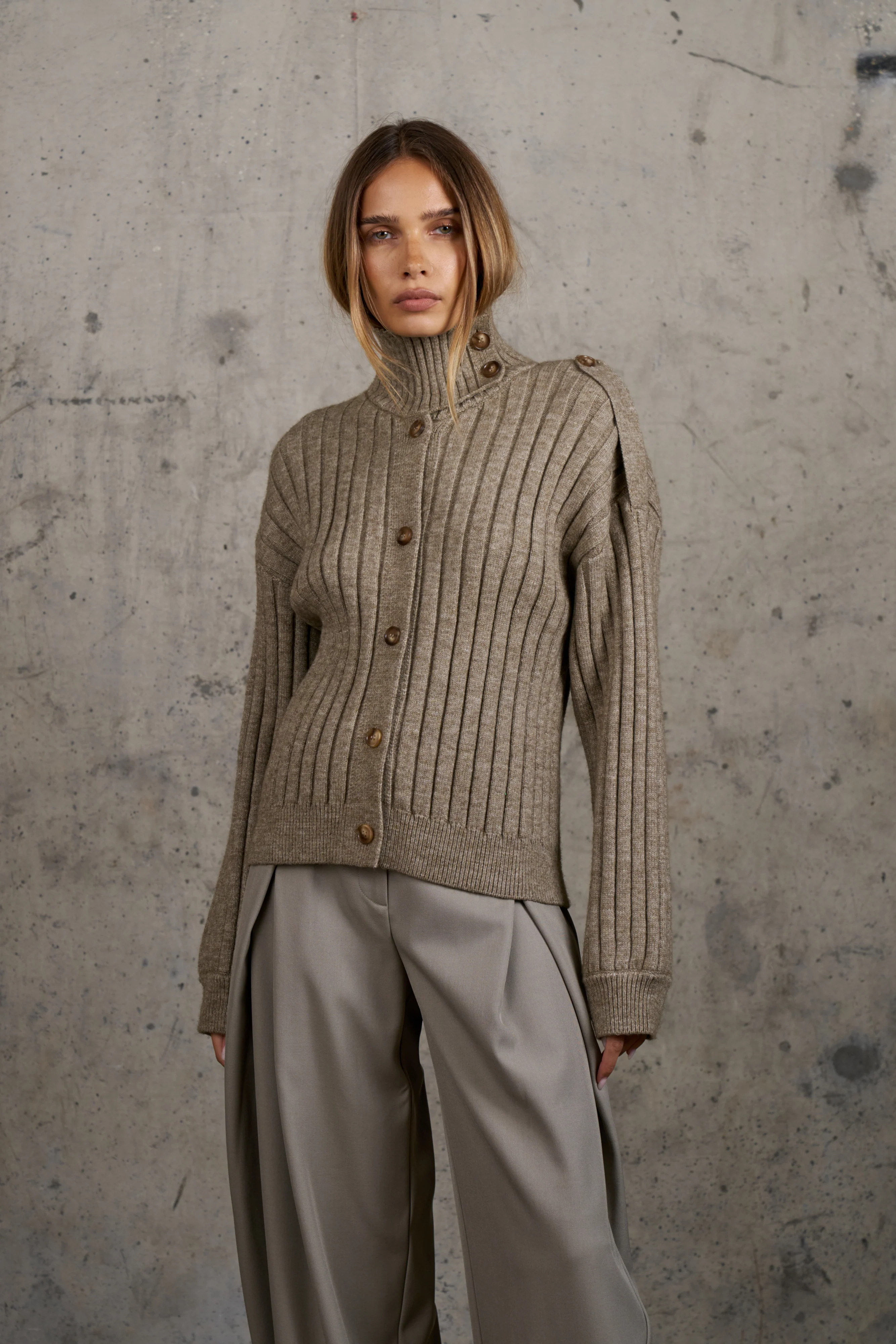 RIB KNIT FUNNEL NECK - BROWN MARL | The Couture Club