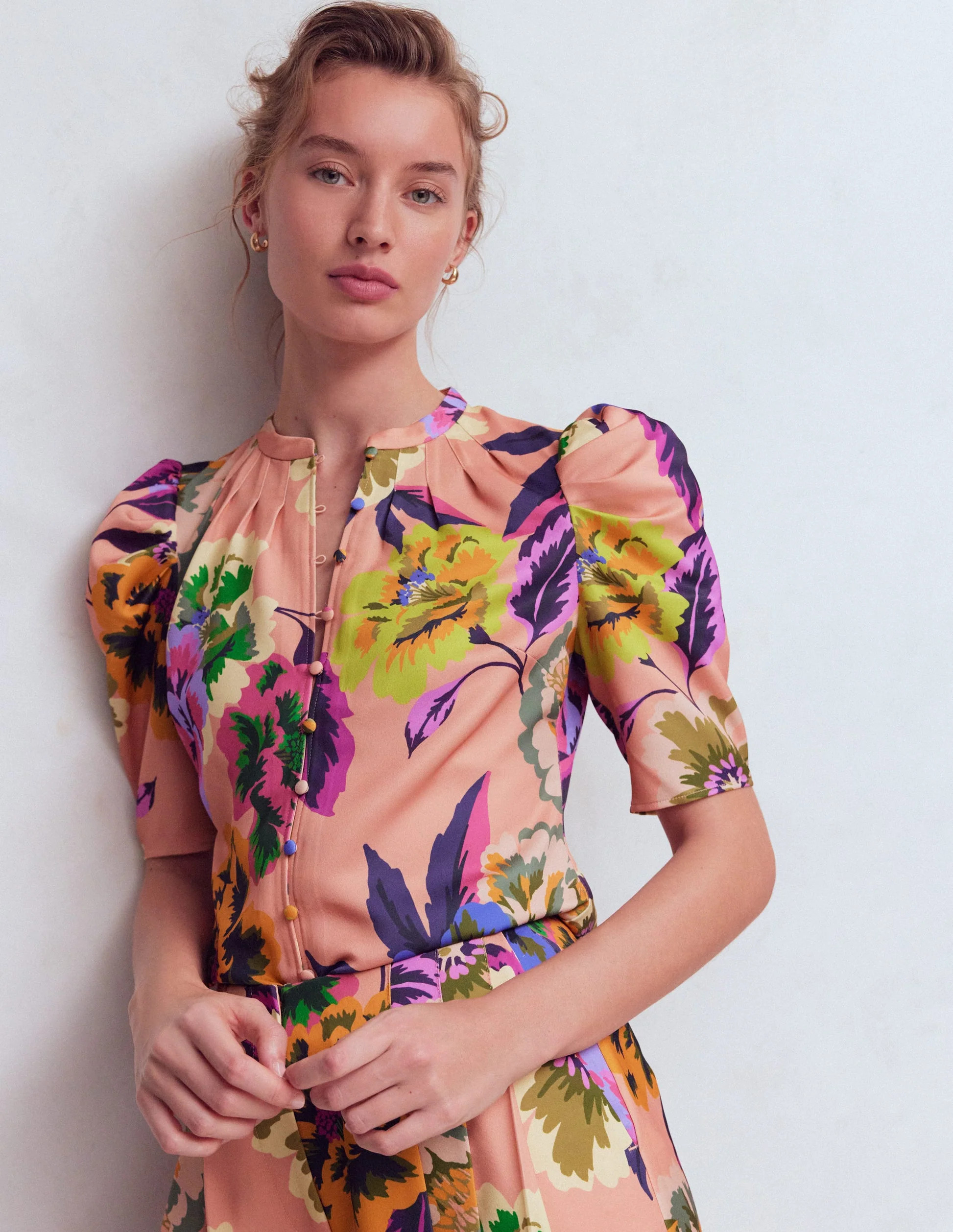 Pleated Mutton Sleeve Top-Multi, Opulent Blossom | Boden (US)
