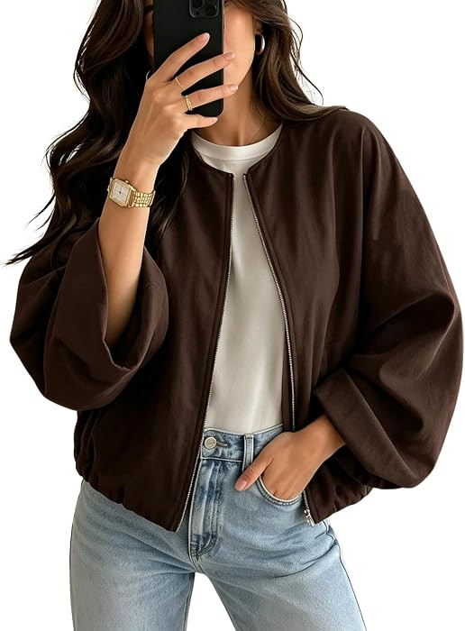Women Lightweight Bomber Jacket Crop Collarless Oversized Coat | Amazon (US)