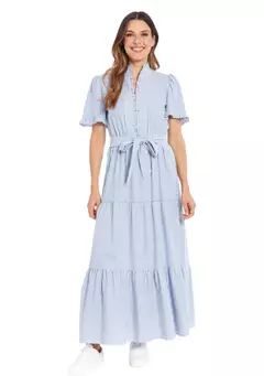 London Times Women's Short Sleeve Ruffle Neck Maxi Dress | Belk