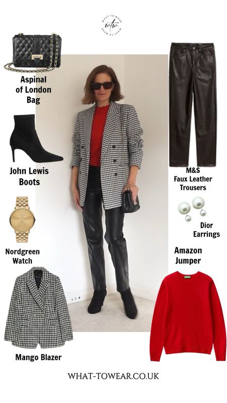 Faux leather trousers outfit idea: red sweater, houndstooth blazer, black bag and boots #over50

#LTKVideo