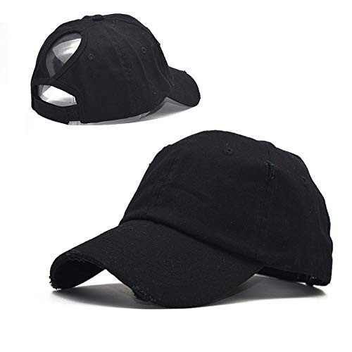 High-Ponytail-Baseball Cap for Women - Vintage Distressed-Cotton Messy-Bun Hat Adjustable Trucker-Dad Caps Black | Amazon (US)