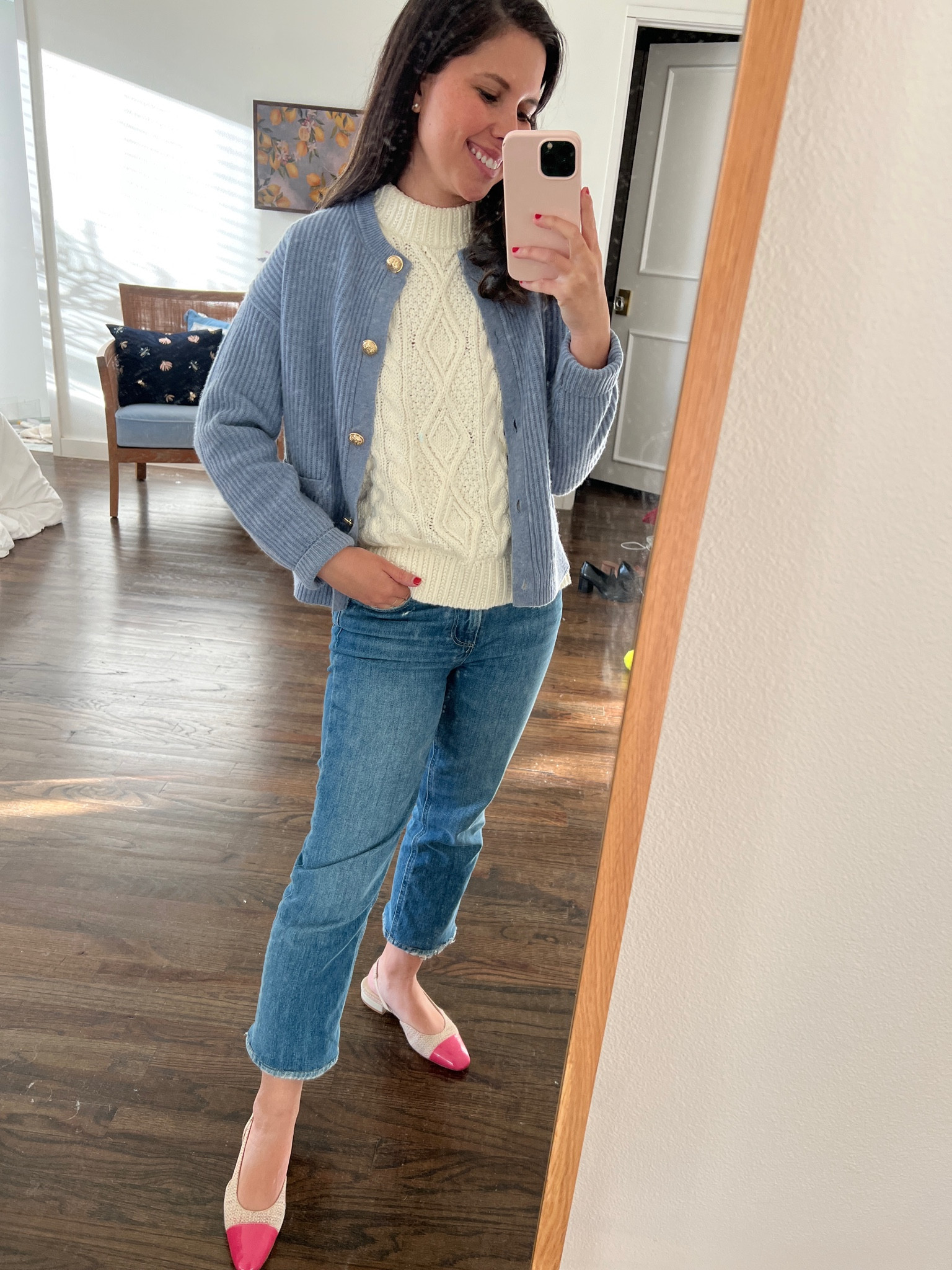 Work from home outfit, cardigan, petite outfit, Paige jeans, cropped denim, Chanel shoes, Ralph Lauren sweater, preppy 

#LTKstyletip #LTKfindsunder100 #LTKworkwear