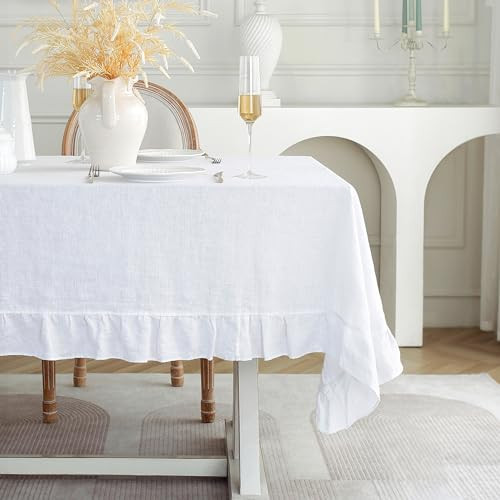 Linen World Ruffle Linen Tablecloth, 100% French Linen White Tablecloth 120" x 60" Inch, Washable Rectangular Tablecloth for Dining, Outdoor, Weddings and Restaurants, Decorative Valentine Easter | Amazon (US)