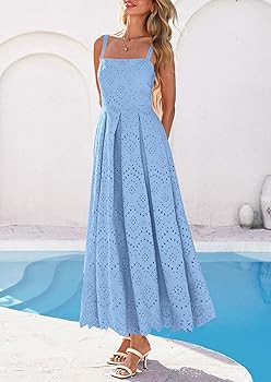 PRETTYGARDEN Womens Sleeveless Maxi Summer Dresses 2026 Hollow Out Eyelet Square Neck Ruffle Flow... | Amazon (US)