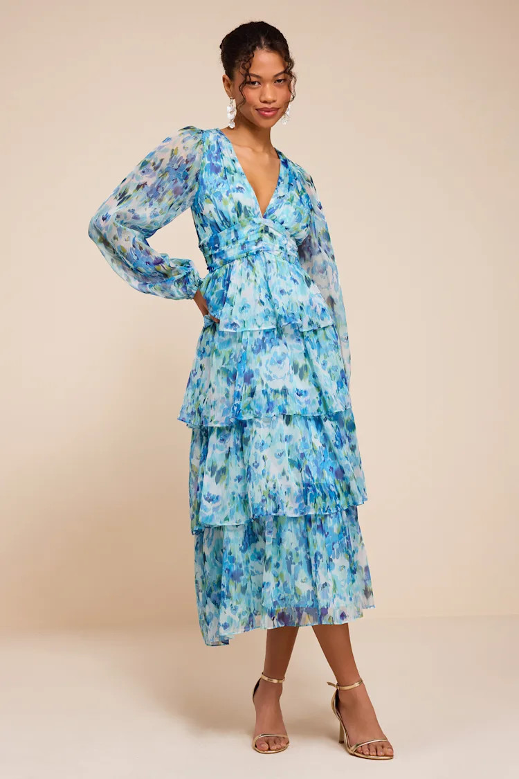 Nalia Light Blue Multi Floral Tiered Midi Dress | Lulus