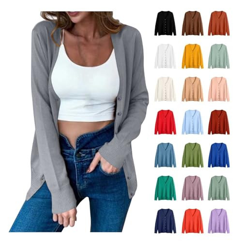 Dressy Sweaters for Women, Womens Basic Cardigan Sweaters Fall Classy Button Down V Neck Open Front Sweater Soft Lightweight Long Sleeve Knit Shrug Tops Gray M | Amazon (US)