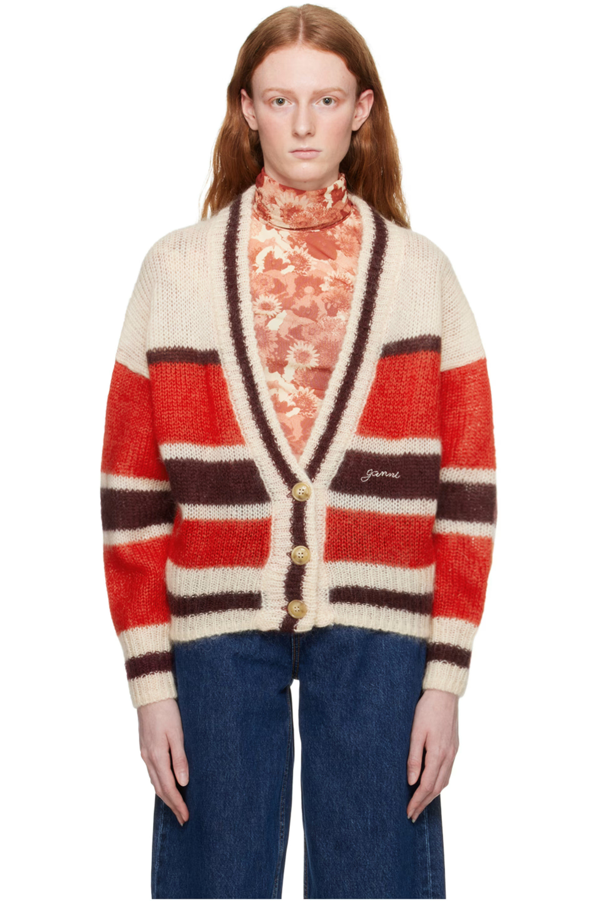 GANNI - Beige Stripe Cardigan | SSENSE