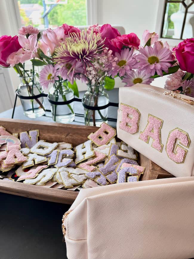 This is the cutest idea for a teen girl birthday party, sleepover craft, or sweet sixteen party! Decorate a makeup bag with adhesive chenille letters for a custom look. Makes the sweetest party craft idea or party favor for teen, and pre-teen girls! 

 #LTKParties #LTKKids #LTKFamily