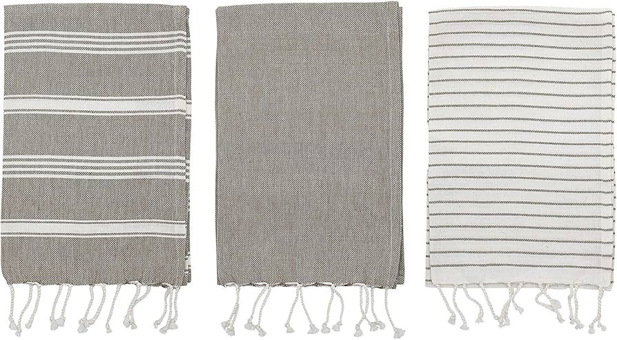 Bloomingville Woven Cotton Striped Tea Tassels (Set of 3) Towels, Grey | Amazon (US)