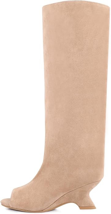 FancyQueen Open Toe Knee High Boots for Women Suede Wide Calf Peep Toe Wedge Heels Slouchy Tall B... | Amazon (US)