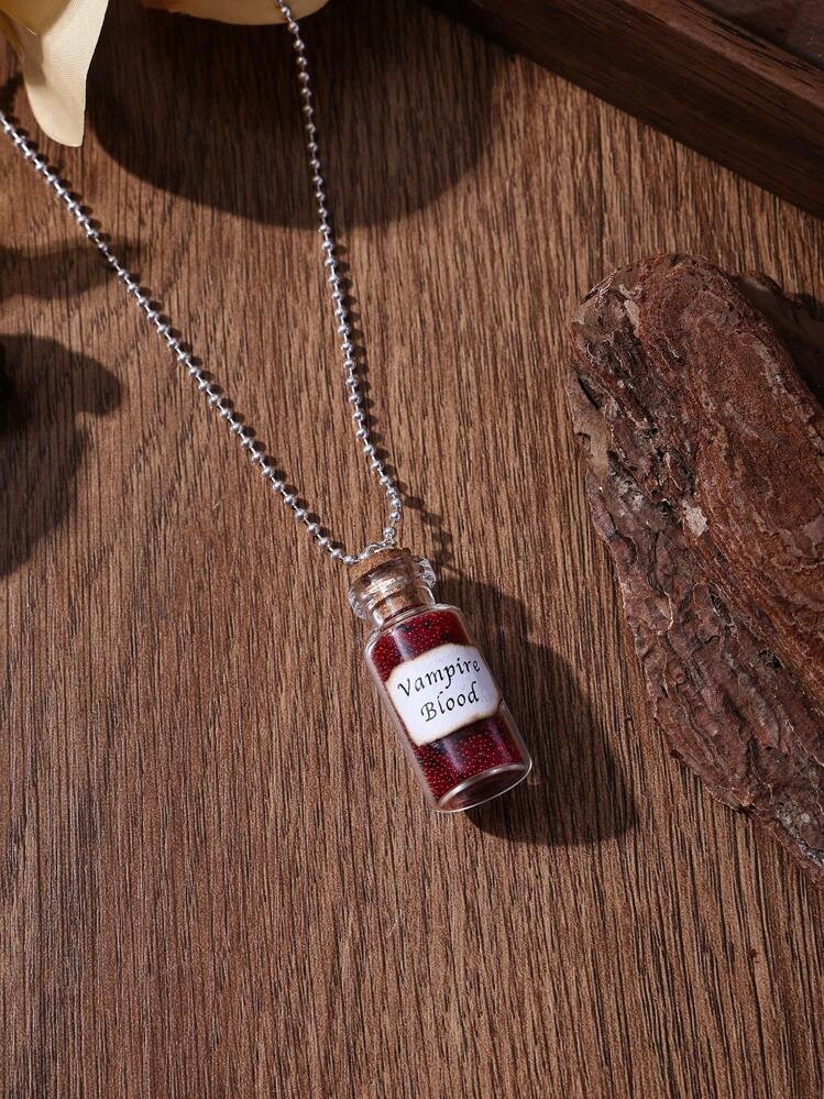 1pc Vampire's Blood Glass Vial Pendant Necklace, Silver Tone, Suitable For Daily Wear | SHEIN