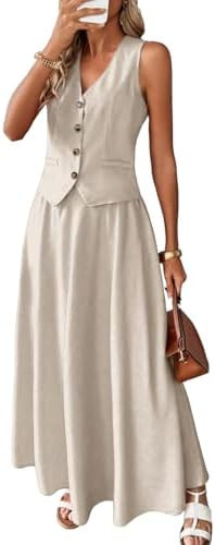 ELLEVEN 2 Piece Linen Sets for Women Summer Outfit,V-Neck Vest Top & Flowy Maxi Skirt | Amazon (US)