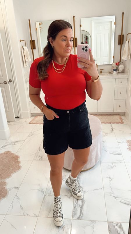 curvy casual summer look! wearing size xl on fitted red tee and size 32 in shorts (linking this year’s version) 

#LTKFindsUnder100 #LTKSeasonal #LTKMidsize