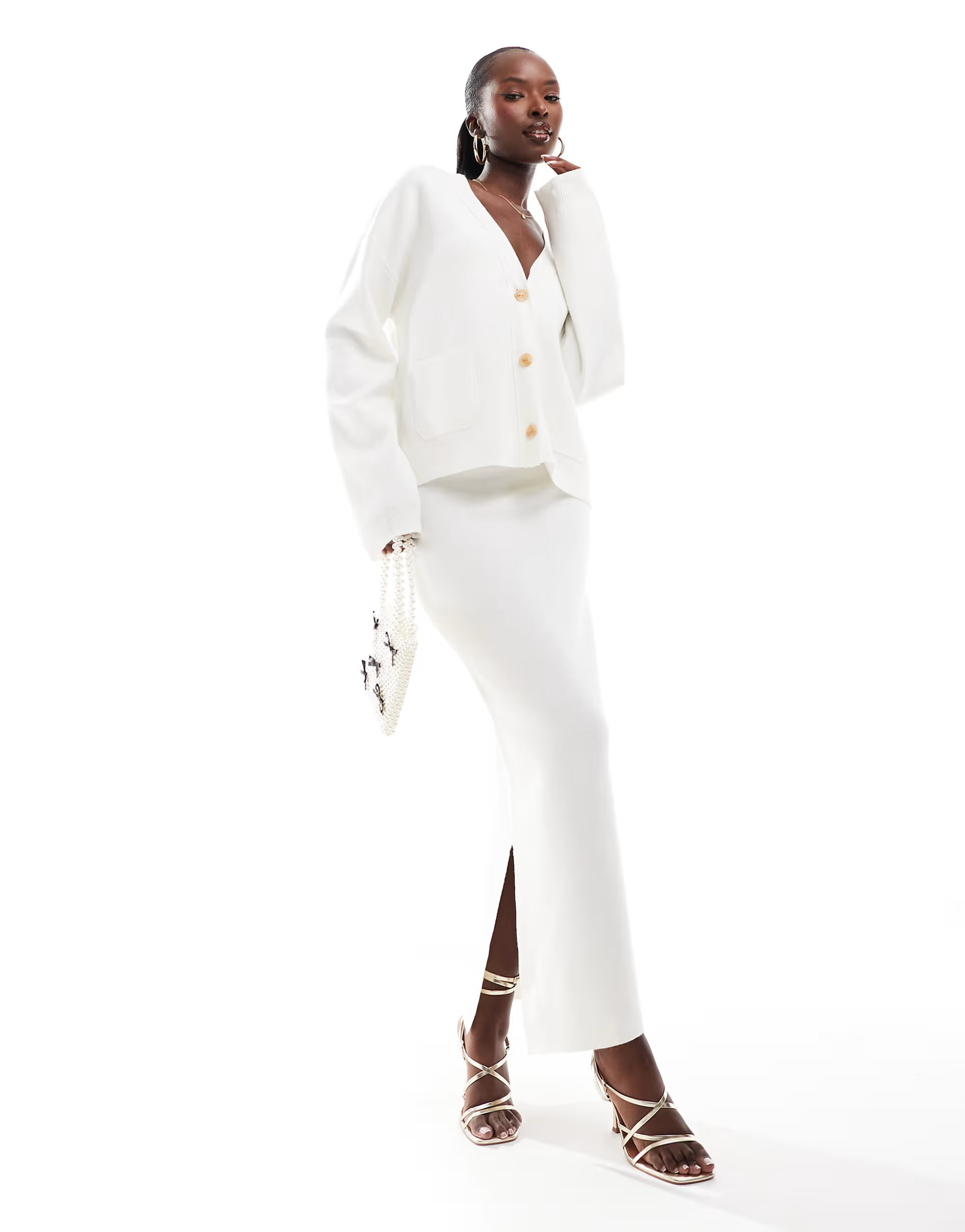 Kaiia pocket detail v neck cardigan and maxi skirt co-ord in ecru | ASOS (Global)