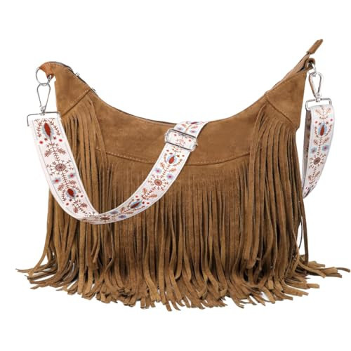 Sunwel Fashion Women Fringe Hobo Bag Western Purse Shoulder Bag Vegan Suede Tassel Hippie Crossbody Bag (Brown Floral Strap) | Amazon (US)