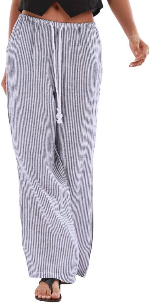 Amazhiyu Women's 100% Linen Striped Drawstring Elastic Waist Wide Leg Pants | Amazon (US)