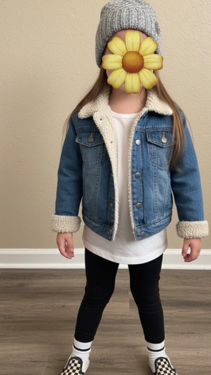 Cozy Chic Kids' Winter Look! ❄️ Snagging all the stylish winter vibes with this perfect layered outfit for little ones! We're obsessed with the classic denim jacket featuring a cozy sherpa lining—it's warm, versatile, and instantly elevates any look. Paired with comfy black leggings, a simple white tee, and those iconic checkerboard slip-ons, topped off with a ribbed beanie. Click the link to shop these essentials and keep your kiddo looking cool and feeling snug all season long!

#LTKSeasonal #LTKKids #LTKootd
