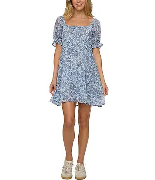 Aubrey Short Sleeve Floral Printed Woven Chiffon Mini Dress | Dillard's