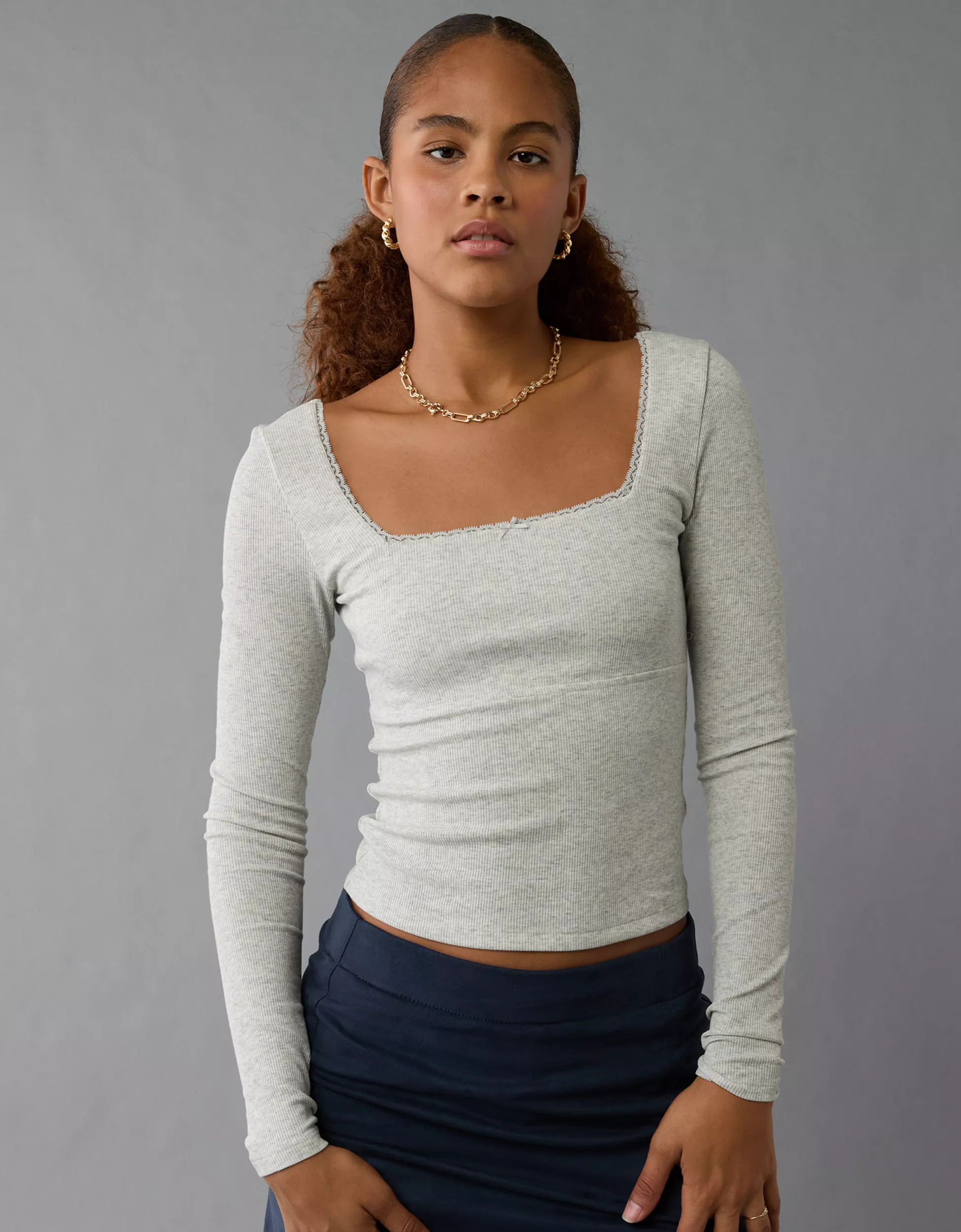 AE Square Neck Lace Long-Sleeve T-Shirt | American Eagle Outfitters (US & CA)