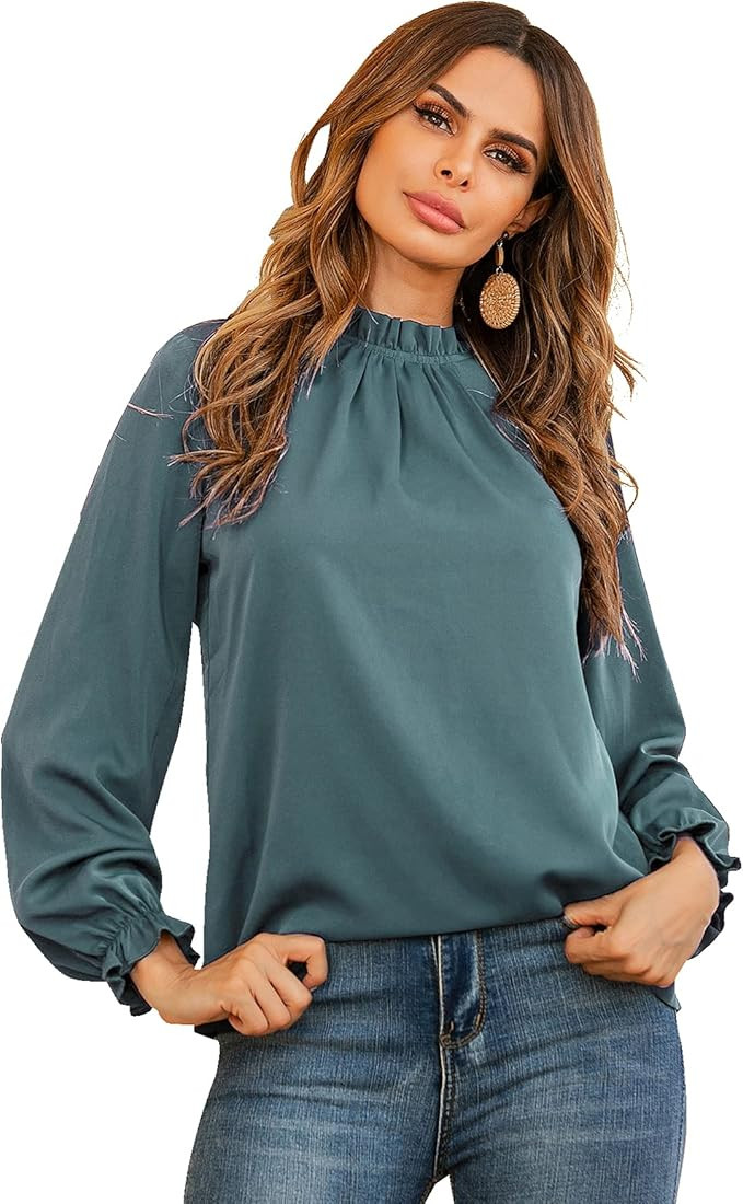 LYANER Women's Frill Mock Neck Flounce Long Sleeve Solid Blouse Office Shirt Top | Amazon (US)
