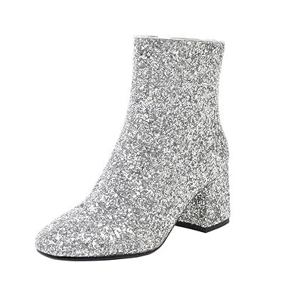 COOLULU Women's Mid Block Heel Glitter Ankle Boots Zipper Party Short Booties Shoes | Amazon (US)