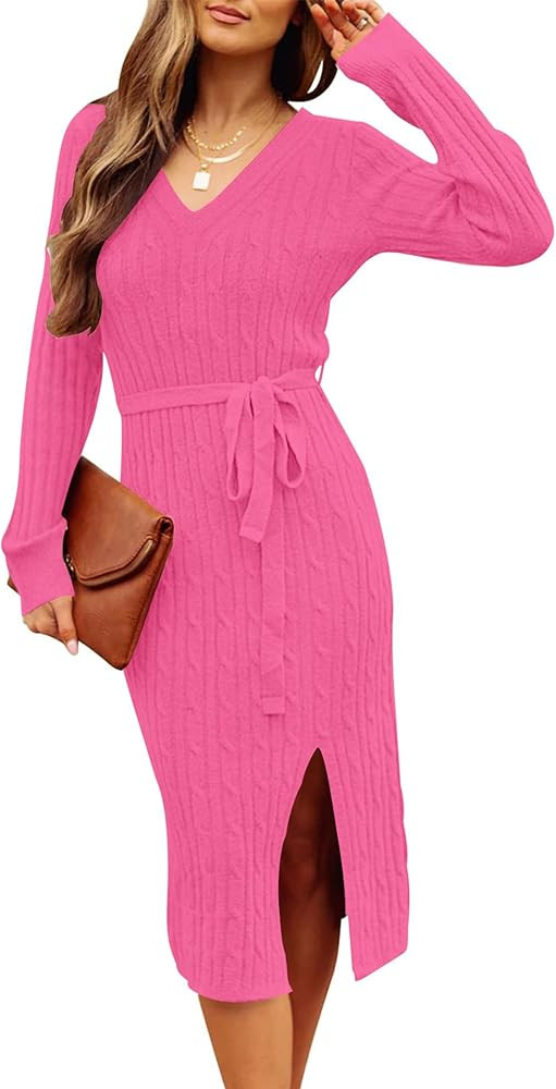 MEROKEETY Women's V Neck Cable Knit Sweater Dress Long Sleeve Bodycon Slit Pullover Midi Dress wi... | Amazon (US)