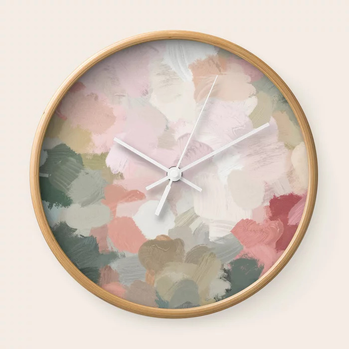 Forest Green Fuchsia Blush Pink Abstract Flower Spring Painting Art Wall Clock | Society6