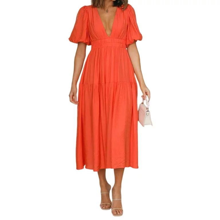 DYMADE Elegant Women Swing Casual Midi Puff Sleeve Dress | Walmart (US)