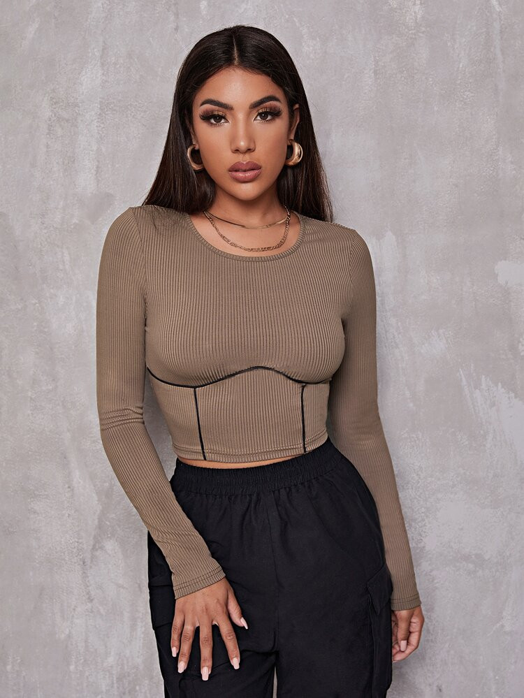 SHEIN BAE Crop T-Shirt mit Kontrast Paspel | SHEIN