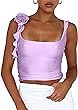 Women's Vintage 3D Flower Rosette Square Neck Crop Tank Top Double Layer Sleeveless Strappy Shirt | Amazon (US)