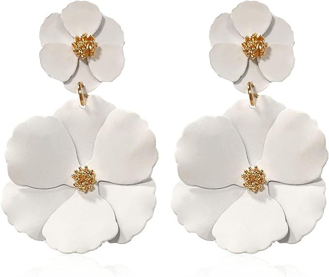 White Summer Flower Floral Dangle Earrings Boho 2 Layered Floral Petal Drop Earrings Statement St... | Amazon (US)