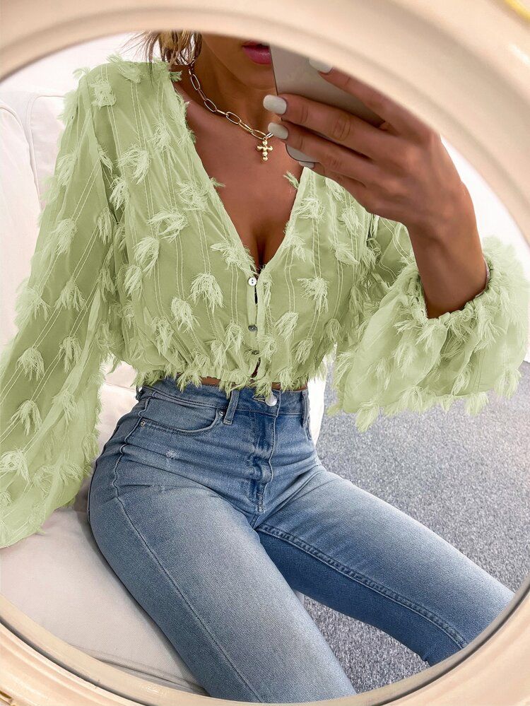 Fringe Overlay Chiffon Crop Blouse | SHEIN