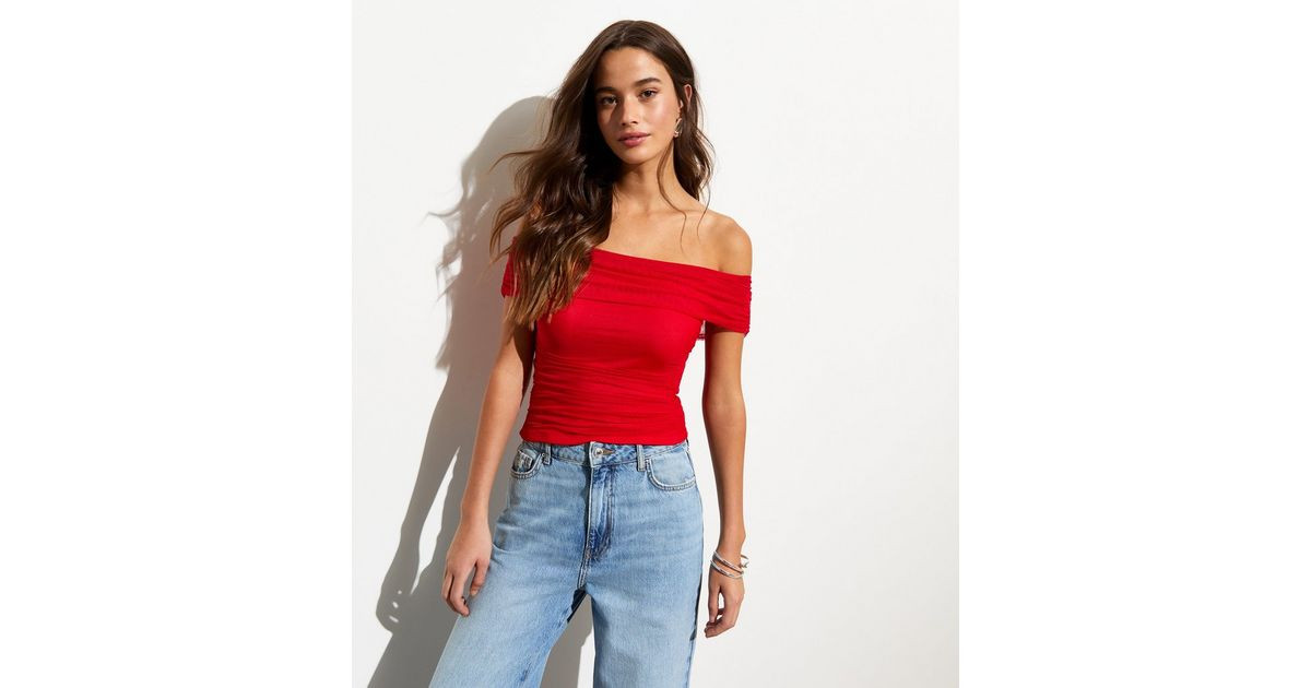 Red Mesh Short Sleeve Bardot Top | New Look | New Look (UK)