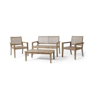 Noble House Coloma Light Multi-Brown and Light Brown 4-Piece Wicker and Wood Patio Conversation S... | The Home Depot