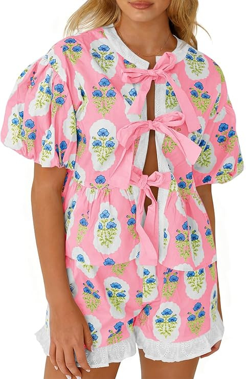 Aoysky Womens Floral 2 Piece Short Sets Summer Vacation Outfits Puff Sleeve Babydoll Blouse Ruffl... | Amazon (US)