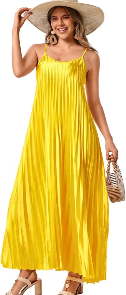 Kaei&Shi Satin Pleated Dress,Spaghetti Strap Flowy Long Sundress for Women,Classy Beach Wedding G... | Amazon (US)