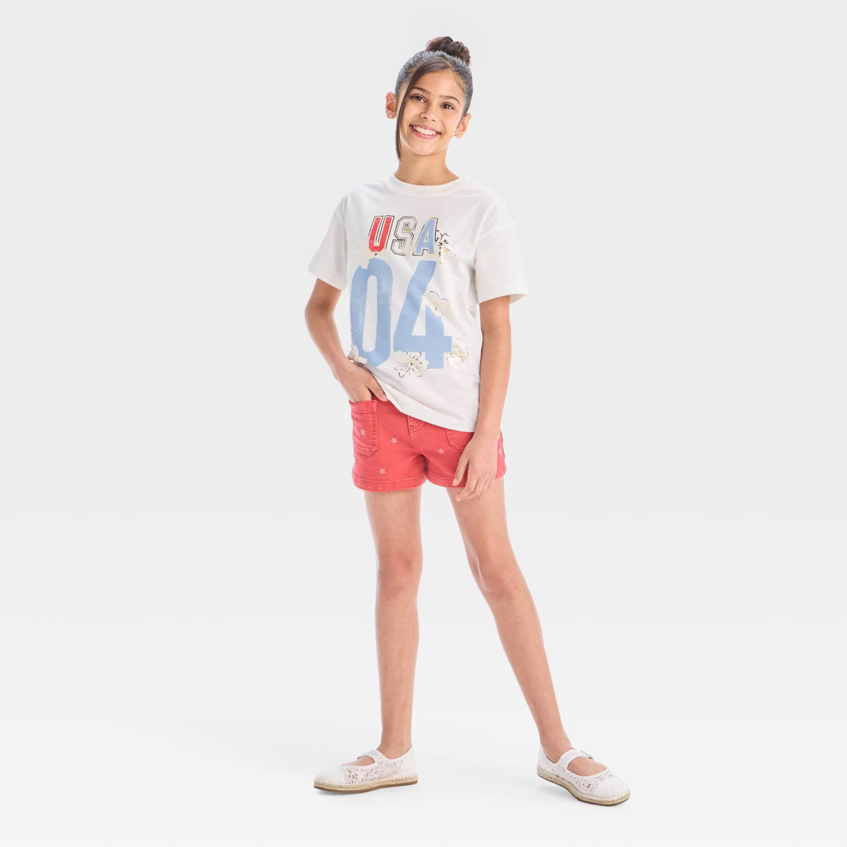 Girls' Short Sleeve Oversized 'USA' 4th of July Graphic T-Shirt - Cat & Jack™ Cream | Target