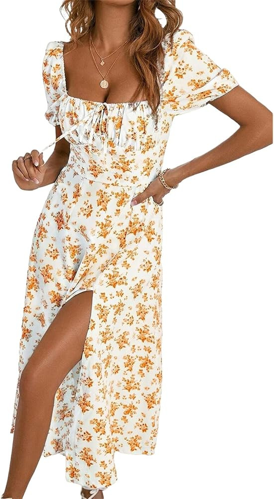Women's Summer Dress Boho Casual Short Sleeve Long Dresses Floral Print Elegant Square Neck Split... | Amazon (US)