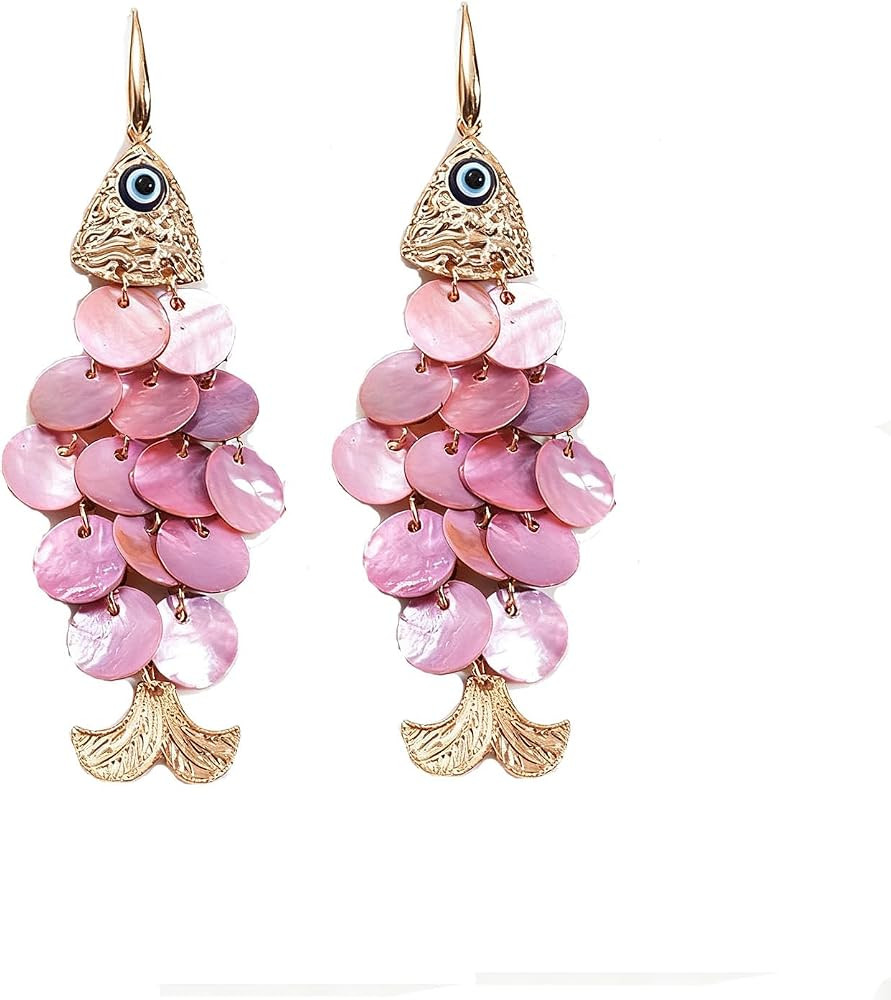Bohemian Colorful Fish Dangle Earrings Round Shell Disc Drop Earrings Layered Cluster Shell Earri... | Amazon (US)