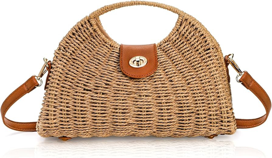 Straw Crossbody Bag for Women, Handwoven Rattan Beach Straw Purse with Handle, Detachable Strap, ... | Amazon (US)
